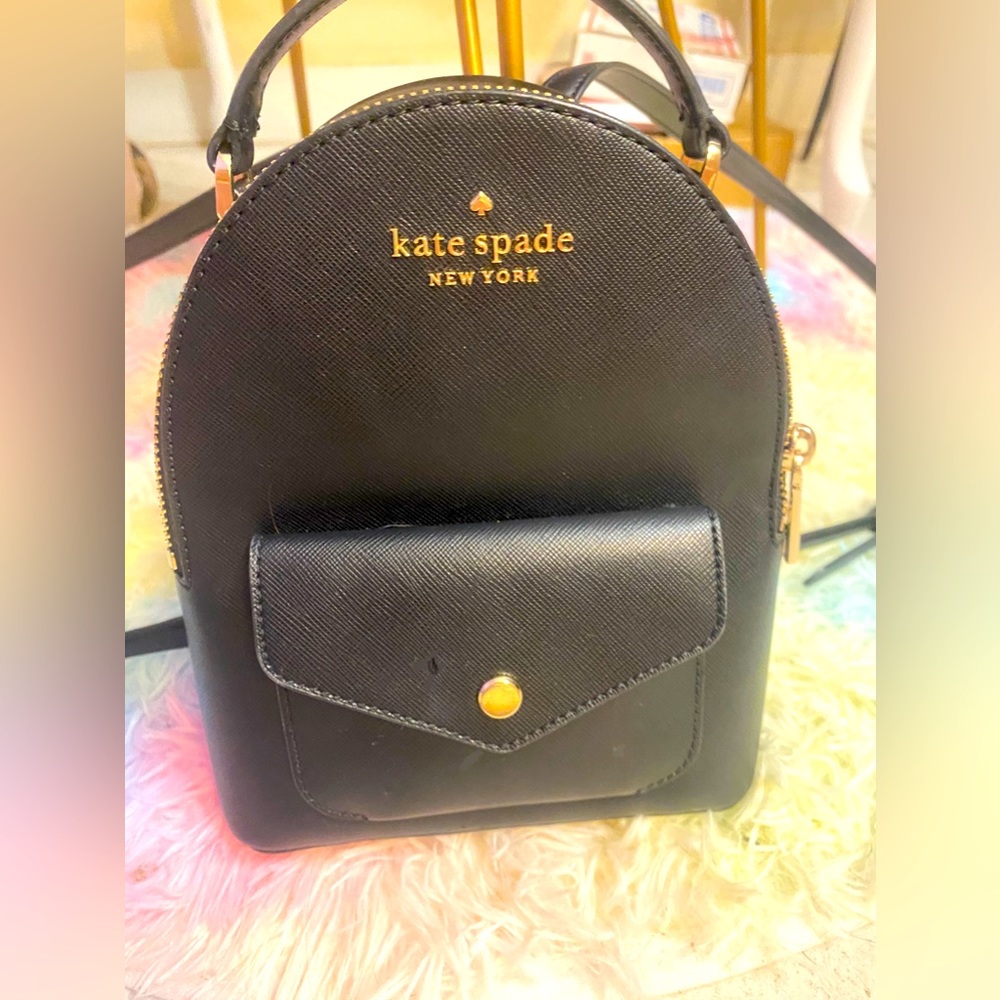 COPY - EUC Kate Spade Black Backpack Gold Logo Front Snap Pocket Adjustable Str…